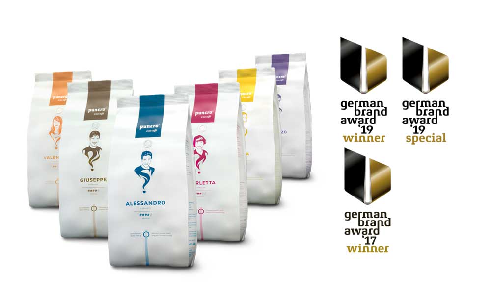 Collage German Brand Award 2019 für punero Caffè